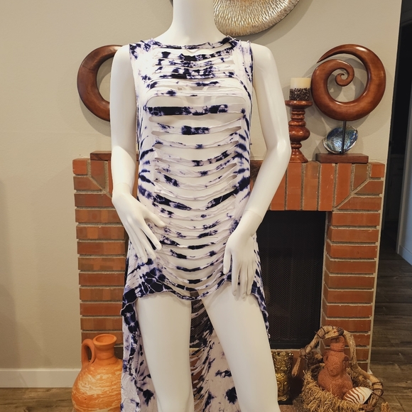 KATHMANDU Blue Wht Stretchy Rayon Hi Lo Sharkbite Layering Top/Dress OS NWT - Picture 6 of 7